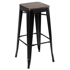 Banqueta alta Iron Tolix com assento de madeira rústica escura - 76 cm - Preto