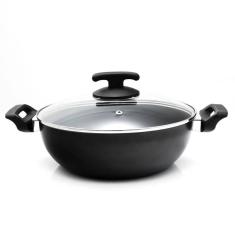 Panela Wok Com Tampa De Vidro Super Antiaderente Preta