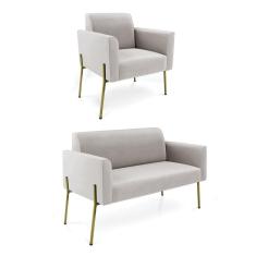 Sofá Namoradeira E Poltrona Pé De Ferro Dourado Salão Marisa Veludo Cinza D03