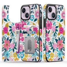Goodon Capa carteira para iPhone 14 - Capa flip de couro com design floral moderno, 4 compartimentos para cartão e função de suporte, capa protetora elegante para mulheres e meninas - Flores