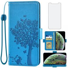 Asuwish Capa carteira compatível com iPhone Xs Max e protetor de tela de vidro temperado flip alça de pulso porta-cartão capa para celular para i X XR Xsmax 10x SX Xmax 10xs 10s 10 Plus Xmaxs mulheres