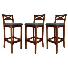 Kit 3 Banquetas Alta para Balcão Madri Madeira Castanho Suede Cinza CC