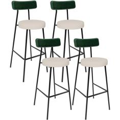 Kit 04 Banquetas Alta Bar Cozinha Sala De Jantar Milão L02 Facto Verde Musgo Linho Cru