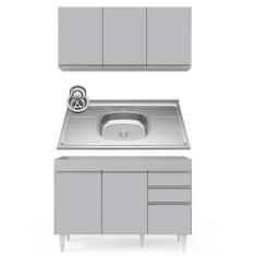 Armário De Cozinha Aéreo Virgínia E Balcão Com Pia 120cm Michigan Cinza Claro - Lumil