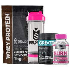 kit: whey 60% + Creatina Pote + Femme + Coqueteleira 700ml (Pro Rosa)-Unissex