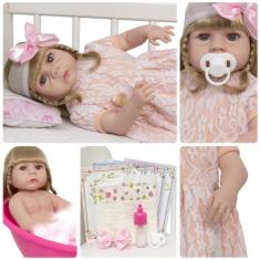 Boneca Reborn Menina Loira Fofinha Vestido Renda 13 Itens - Cegonha Re