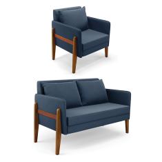 Kit 1 Sofá Namoradeira e 1 Poltrona Lana Suede Azul Marinho Base de Madeira - D'Rossi