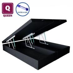 Cama Box Baú Queen size Bi partida em Sintetico preto com Pistão a gás - 158x198x35