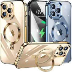 [Anel de CD compatível com suporte invisível MagSafe] Capa magnética para iPhone 13 Pro Max, [amortecedor galvanizado que não amarela][parece um iPhone nu] Capa fina transparente com suporte para