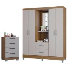 Cômoda 867 4 Gavetas com Guarda Roupa Solteiro Córdoba 4 Portas Castanho Off White - Poquema