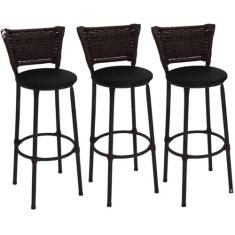 Kit 3 Banquetas Altas Preta com Encosto Junco Argila Assento Preto - F