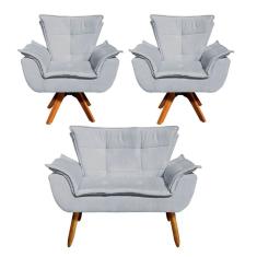 Kit Namoradeira E 2 Poltronas Base Giratória Madeira Opla Suede Cinza - Ibiza