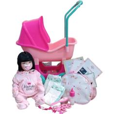 Boneca Bebê Mamãe Reborn Silicone Enxoval 28 Itens Boneca Carrinho Berço