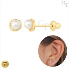 Brinco de Ouro 10k Com Pérola Natural Rococó De 3mm Adulto e Infantil 