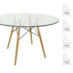 Conjunto Mesa Eames Eiffel Redonda Vidro 90cm + 4 Cadeiras Eames DSW Botonê - Branca