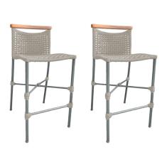 Kit 2 Banquetas Em Corda Náutica Base Em Alumínio Cinza Com Detalhe Em Madeira Areia Bege