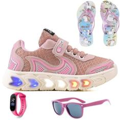 Tenis Infantil De Led Casual Jogger Meninas Escolar Basico + Chinelo Oculos Relogio