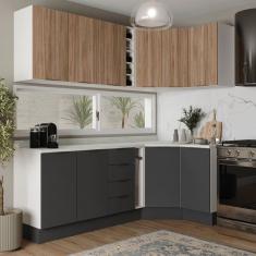 Cozinha Modulada 8 Peças com Tampo com Rodapé 4 Aéreos e 4 Balcões Ipanema Cabecasa Madeiramadeira Grafite Trama/ Acácia