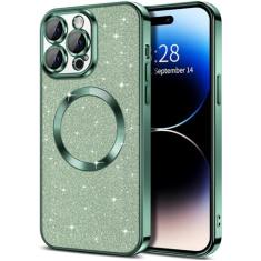 miyonsin Capa para iPhone 15 Pro com glitter, capas de telefone transparentes compatíveis com protetor MagSafe MagSafe capa protetora fina à prova de choque, capa de lente de câmera para mulheres,