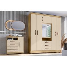 Kit Guarda Roupa Casal Roma 6 Portas com Espelho e Cômoda Sapateira 4 Gavetas Aspen I01- Clique Chique Móveis