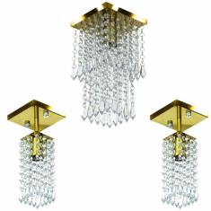 Kit 1 Lustre Cristal Acr. Spark + 2 Lustres Clearcr. Dourado - NoBrand