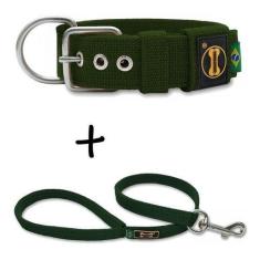 Coleira Cachorro Grande Pit Bull + Guia 80cm (verde militar) - Amoross