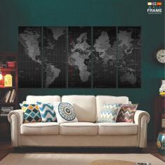 Quadro Decorativo 140x65 Sala Quarto Mapa Múndi 5 peças em t