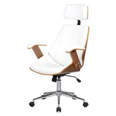 Cadeira Giratória Lisboa Bergen Rivattis C/ Encosto De Cabeça Madeira Laminada Pu Branco Base Rodízio