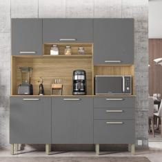 Armario de Cozinha Compacta 6 Portas 2 Gavetas Ferrara - Freijó/Gris