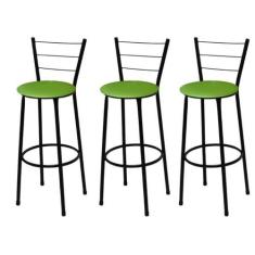 Kit 3 Banquetas Alta Preta com Assento Verde Fortmix