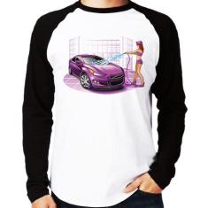 Camiseta Raglan Lava Jato Carro Roxo Manga Longa - Foca na Moda, Branc
