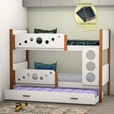 Beliche Solteiro Star Com Cama Auxiliar - Branco Com Castanho Claro + Acompanha Lousa Mágica