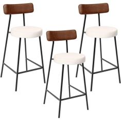 Kit 03 Banquetas Baixa Cozinha Sala De Jantar Milão L02 Couríssimo Marrom Linho Cru