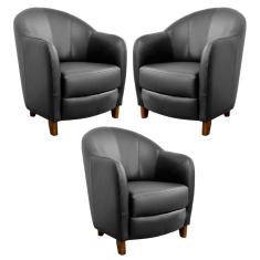 Kit 3 Poltronas Decorativas Sala de Estar Pés Madeira Kairós Couro Preto - Gran Belo