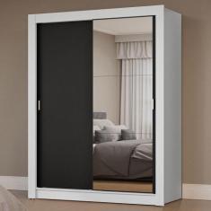 Guarda-Roupa Solteiro 2 Portas de Correr com Espelho Branco/Preto Mila
