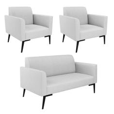 Sofá Namoradeira com 2 Poltronas Pés Villach Marisa Linho Cinza A05 D03 - D`Rossi