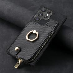 Capa de couro com suporte de anel de carteira para cartões com zíper para Samsung Galaxy A54 A34 A14 A53 A12 A23 5G S23 Ultra S22 S21 Plus capa de bolsa, preta, para Galaxy A14 4G5G