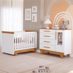 Quarto Bebê Retrô Janelado Completo Berço Americano 2 Em 1 Cômoda 4 Gavetas 1 Porta 100% MDF Móveis Peroba