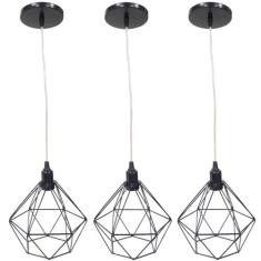 3 Pendentes Aramado Diamante Luminária Lustre Cabo Cristal 1,5 Mt Indu