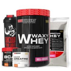 Kit Waxy Whey Morango 900g + Whey Protein Morango 500g + BCAA Tangerina 100g + Power Creatina 100g + Coqueteleira - Bodybuilders