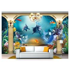 Papel De Parede Vida Marinha Golfinhos Mar 3D At61 - Você Decora