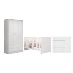 Quarto infantil Doce Sonho Guarda Roupa Berço e Cômoda Sapateira Branco - Qmovi