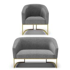 Sofá Namoradeira E Poltrona Base Industrial Dourado Stella Linho Grafite A26 D03 - D`rossi