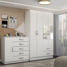 Guarda-Roupa Solteiro Noah 4 Portas 2 Gavetas com Cômoda 1 Porta 5 Gavetas Branco - Panorama Móveis