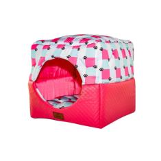 Cama para Cachorro Toca Quadrada em Corino + Poliéster Rosa e Lilás Grande (GG) 55 x 55 x 55 cm