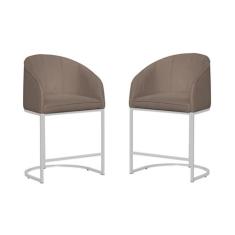 Kit  02 Banco Banqueta Poltrona Mia Base Metal Branca Suede - Fina Mob