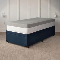 Cama Box Baú Solteiro Azul com Colchão Guldi Dream Mola Ensacada (30x88x188) Cinza e Branco