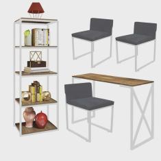 Kit Escritório Bex 3 Cadeiras Sintético Cinza com 1 Mesa e 1 Livreiro Ferro Branco mdf Carvalho - Ahazzo Móveis