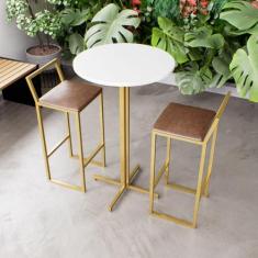 Jogo Mesa Alta Bistrô Redonda Branca 2 Banquetas Estofado Confort Indu