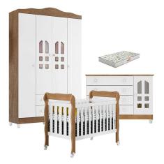 Quarto de Bebê New Selena 4 Portas com Berço Lila e Cômoda Gran Selena Branco Acetinado Amadeirado e Colchão Gazin - Carolina Móveis